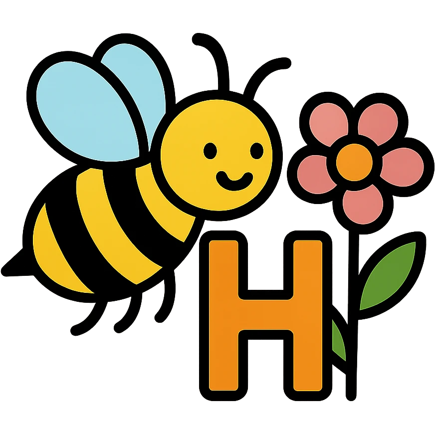 cartoonish bumblebee with the letter H and a colorful flower emoji