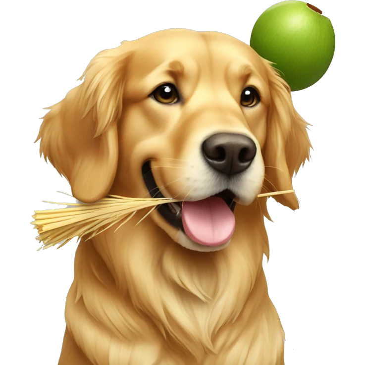 golden retriever with green coconut in his hand and straw going to his mouth emoji