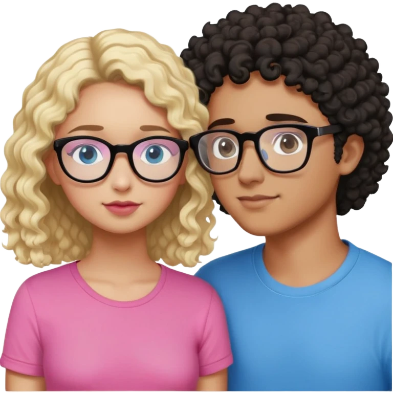 intimate moment between lovers, boy he has, blonde hair black glasses and blue eyes and a black shirt, Girl with a mixed skin tone, she has dark brown curly hair, pink glasses, and a pink shirt emoji