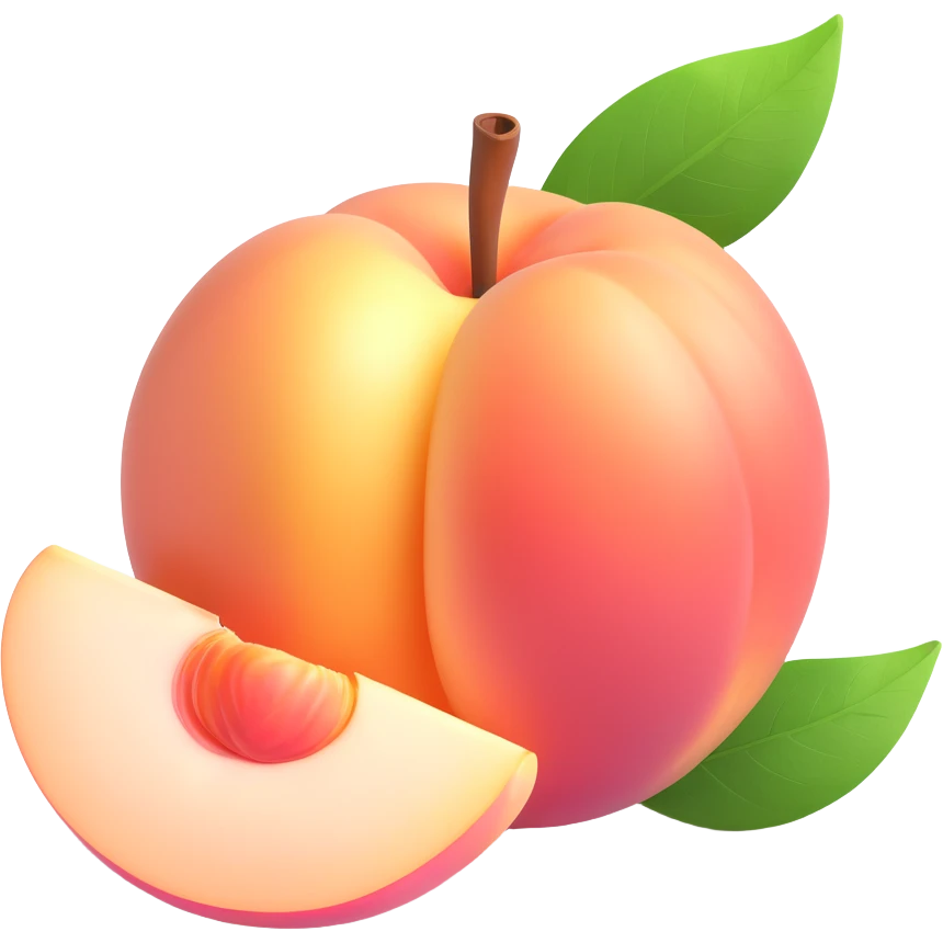 sliced white peach with pit and leaf, high gloss, soft shadows, realistic and fresh, iOS 3D emoji style emoji