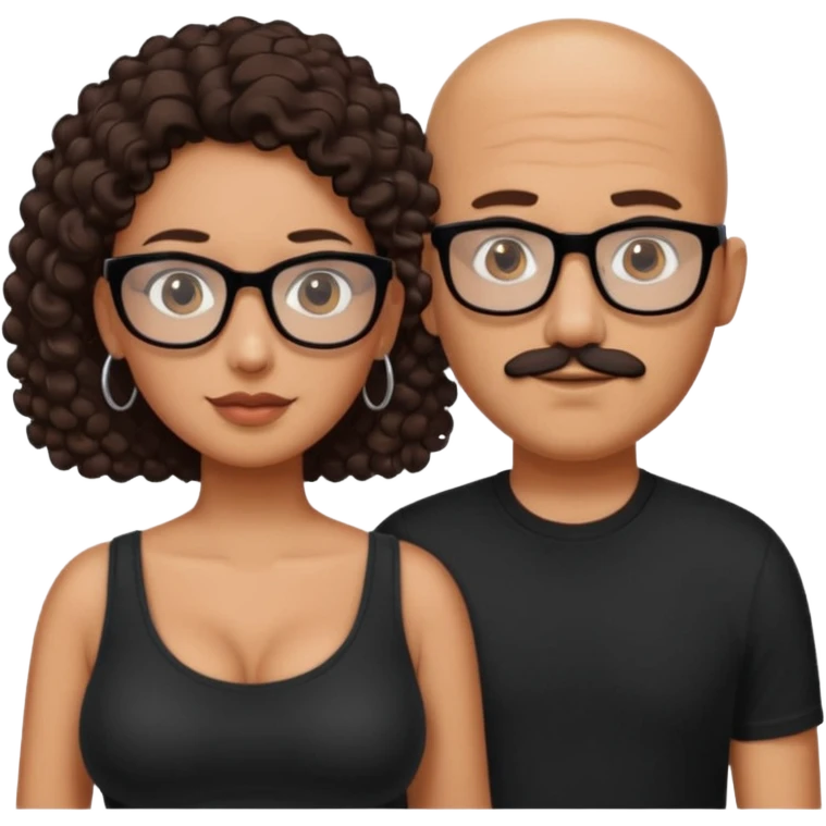 A picture of a tanned couple. the man is a Mexican man with tanned skin, with a bald hair cut, short beard and wearing a black shirt, no glasses. the woman is wearing rectangle shaped glasses, with long curly dark brown hair and with big boobs  emoji