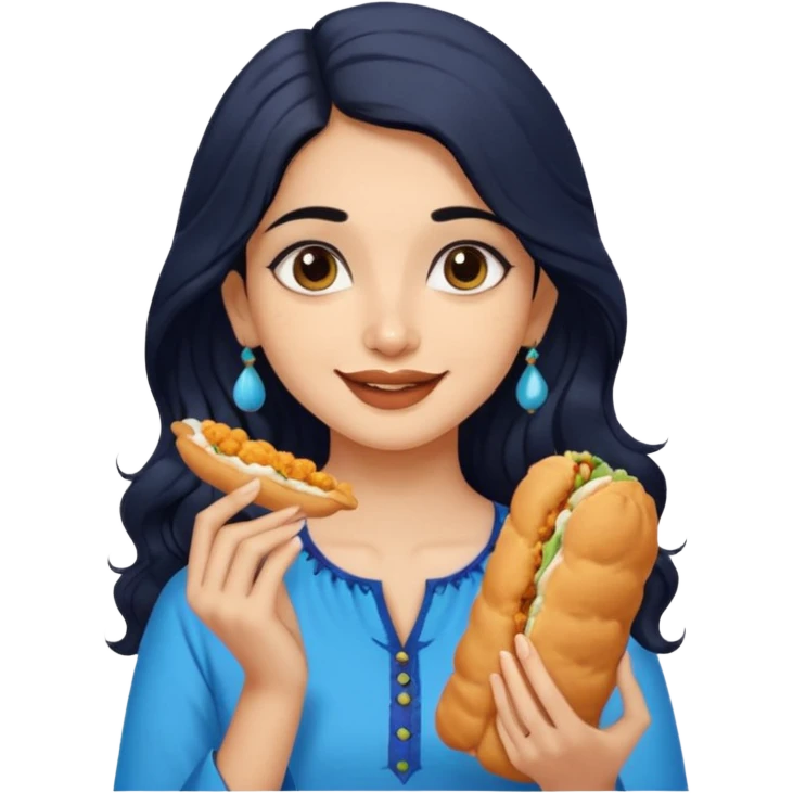 a pretty indian bratz girl with wavy long black hair. eyeliner on, wearing a blue kurti, eating vadapav emoji