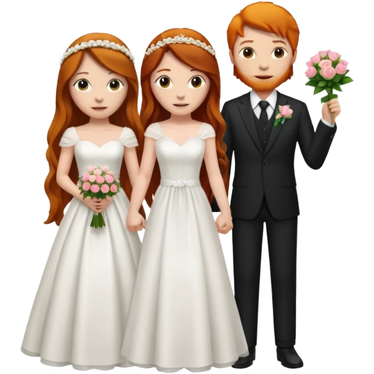 two girls getting married. one long haired ginger in a suit. one long haired dark brunette girl in a dress emoji
