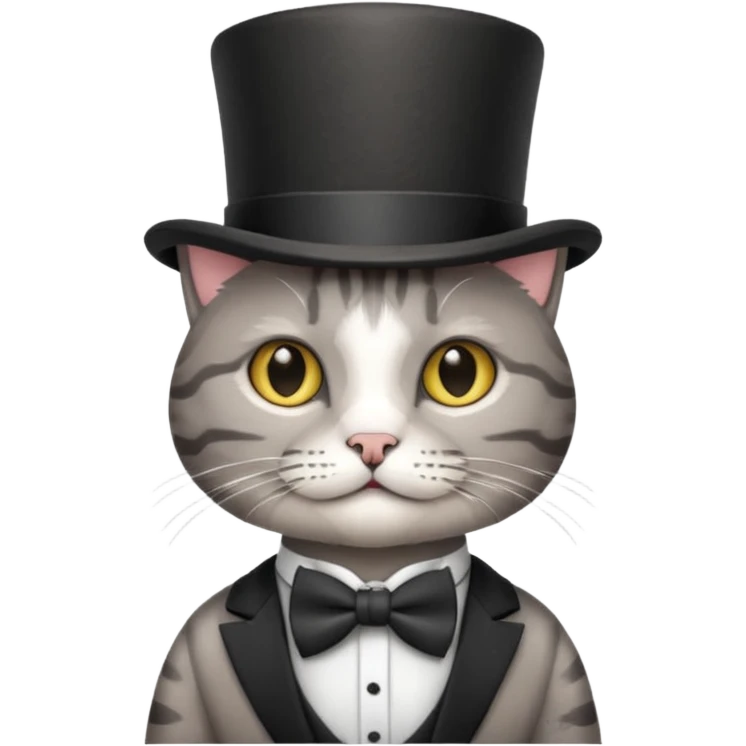 Grey tabby cat in top hat and bow tie emoji