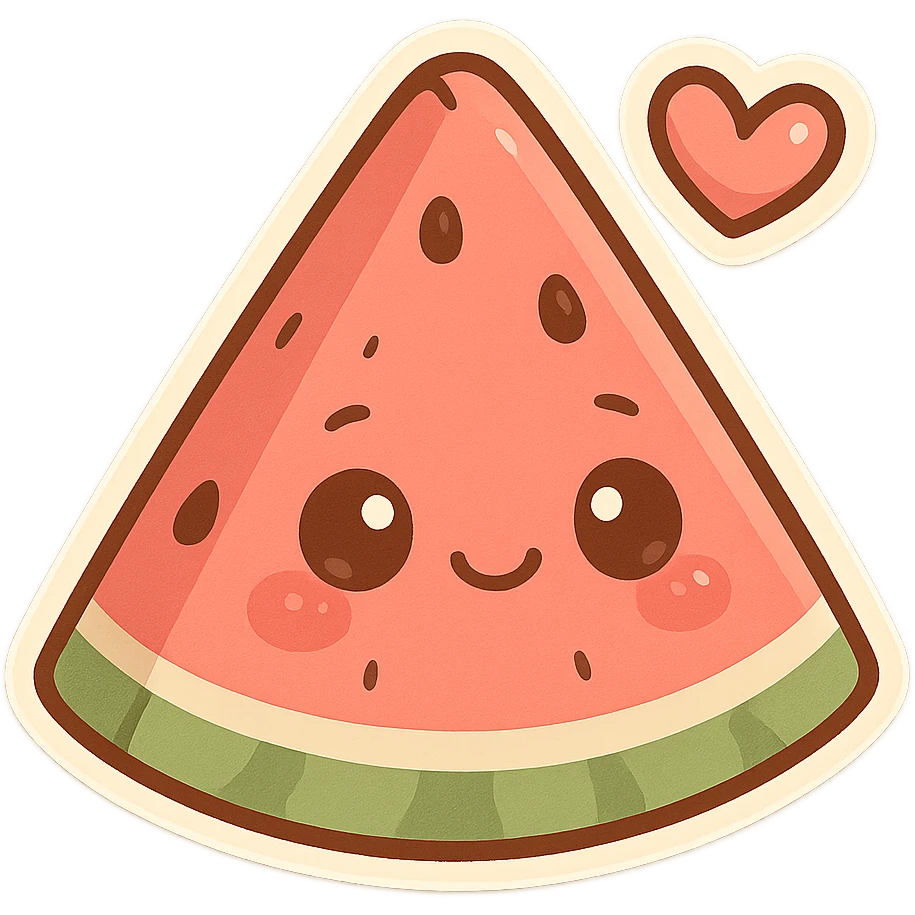 chibi sticker-style watermelon slice with a heart accent, cute and exaggerated emoji