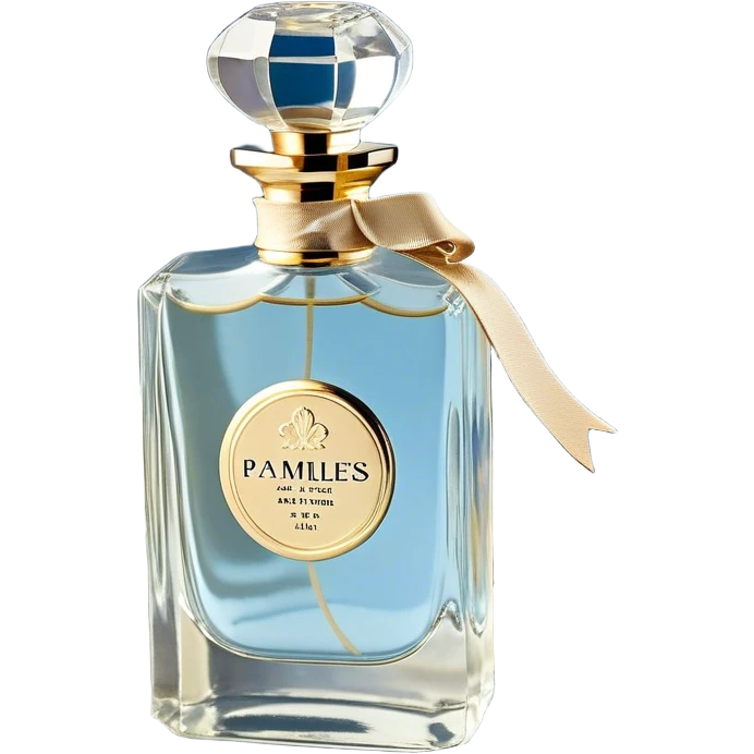 gainst a powdery blue silk backdrop, a vintage crystal perfume bottle with delicate gold filigree detailing catches the soft glow of the morning light. A silken ivory ribbon, loosely tied around its slender neck, cascades onto the fabric, creating soft folds. Scattered around the bottle, pale blue and creamy white pansies rest gently, their petals carrying hints of pearl-like shimmer. A few stray petals, kissed by the golden light, add a touch of delicate imperfection, evoking a sense of quiet romance. emoji