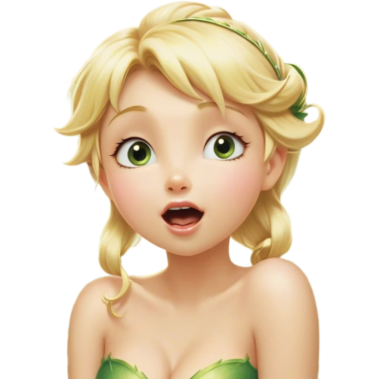Cinematic Realistic Blonde Tinker Bell Fairy Portrait, head tilted slightly with a dramatic, wide-open yawn, revealing a tender, drowsy visage with intricately detailed golden blonde hair and softly shimmering wings gently drooping. Her sleepy, sparkling eyes exude a dreamy, ethereal charm, while the soft natural light and high shine emphasize every delicate detail—capturing the essence of an enchanting fairy drifting into a magical slumber. emoji