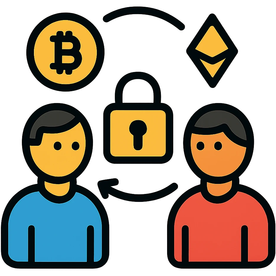 Secure P2P crypto transaction with escrow service, showing two people, cryptocurrency symbols, and a lock emoji