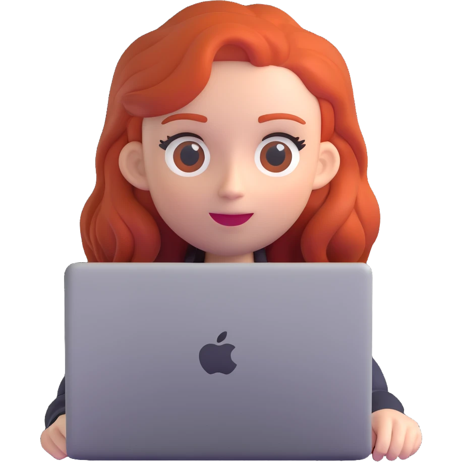 white-skinned red-haired woman using a MacBook, 3D emoji style emoji