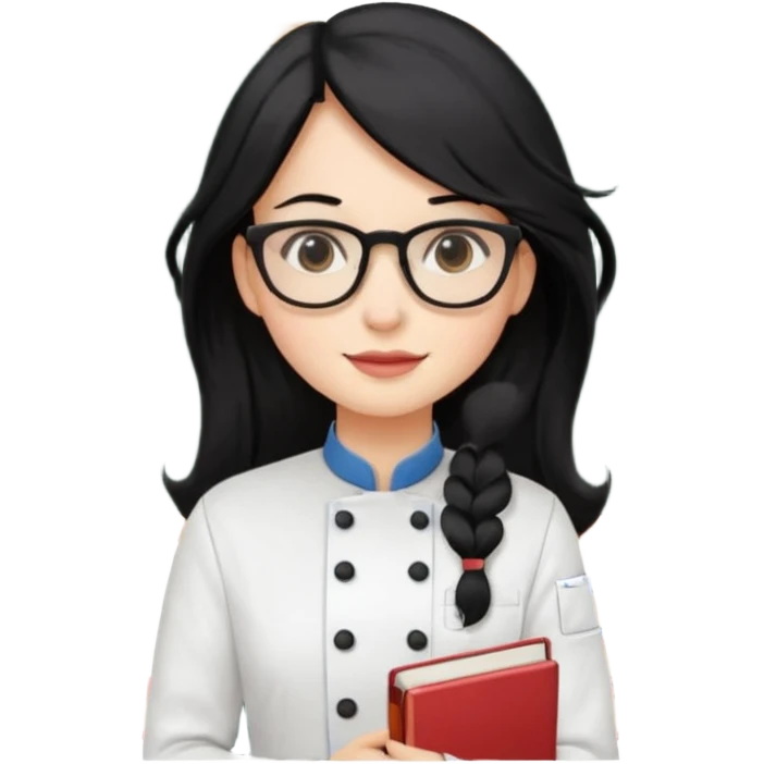 Profesora de pastelería, piel blanca con gafas y pelo negro largo y con una pizarra detrás y libros emoji