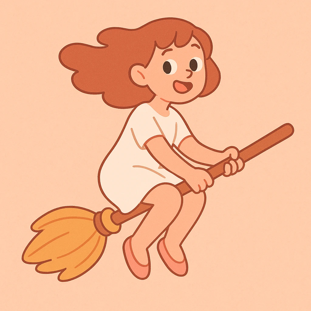 a simple girl flying on a broom, white dress, soft pastel illustration emoji