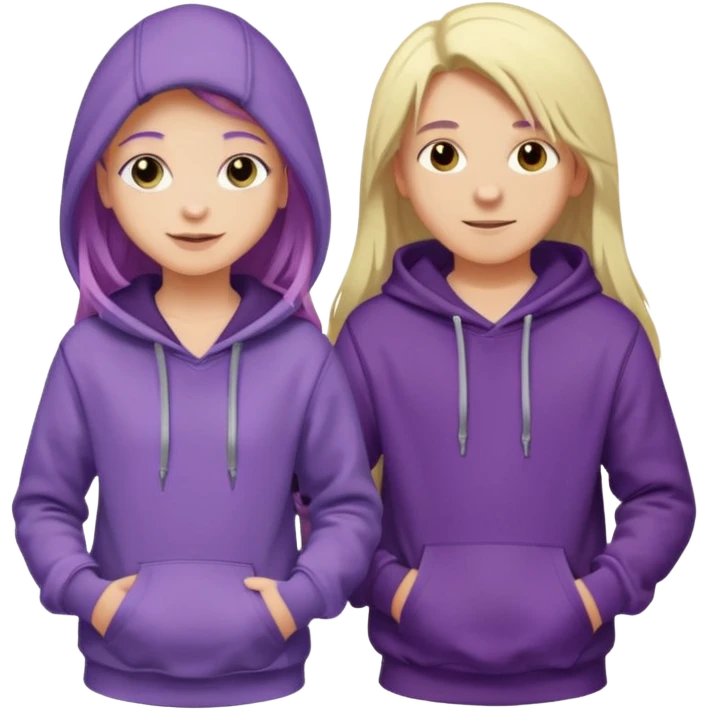 full-length happy couple, girl with long purple hair and gray eyes in lilac hoodie, boy with blonde hair in black hoodie emoji