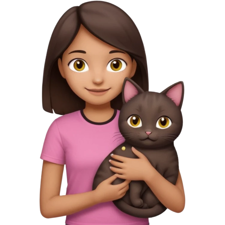 As una chica con piel marron claro con el pelo  medio largo color marron oscuro que tenga la chica una camiseta rosada mangas cortas con un jean claro que tenga ojos marrones la chica que la chica este sonriendo mientras sostiene entre sus brazos un gato negro gordito. emoji