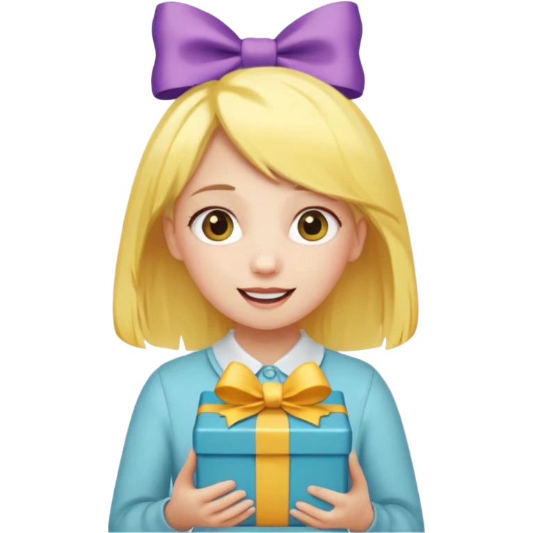 🥳🎀  sarı saçlı kız p saçının üstünde toka var tokat atmış iyi ki doğdun teyzeciğim diyor hem hediye var elimde çok kafasına tokat atmış emoji