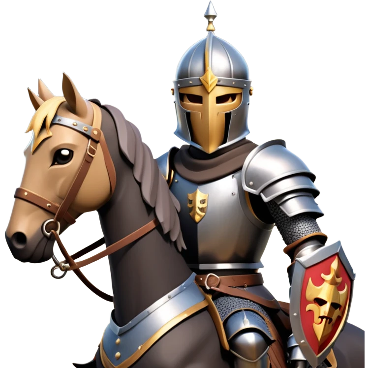 clash-of-clans-aesthetic_-cinematic-fearsome-and-majestic-knight-bust-portrait-emoji, rendered in a flat, vector-style with minimal shading and bold, simplified shapes, depicting a battle-ready medieval knight with steely eyes and intricate armor, riding on a black warhorse looking regal reflecting sunlight over a misty battlefield. emoji