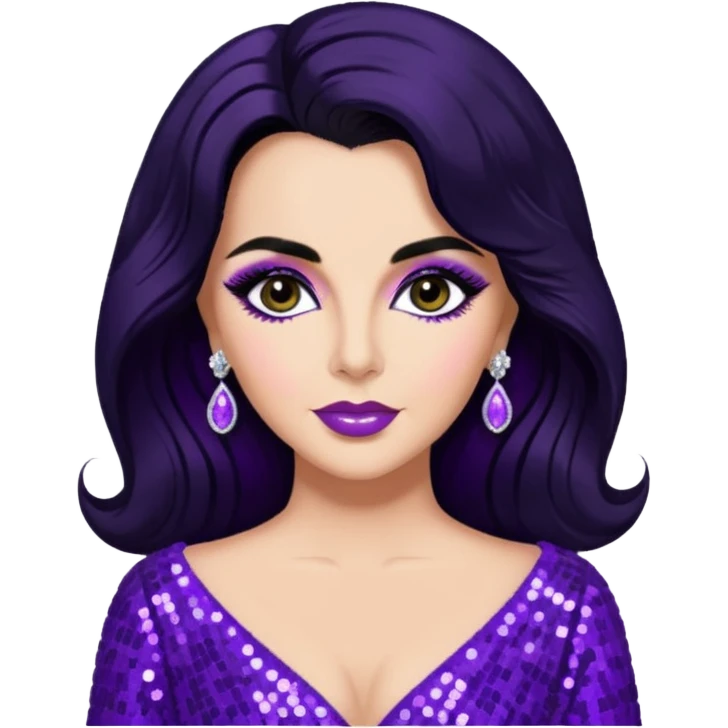 Elizabeth Taylor with long black hair, purple sequin outfit emoji