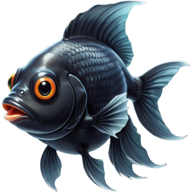 Cinematic Comical Black Goldfish Portrait Emoji, Head tilted dramatically with an exaggeratedly amused expression, featuring a striking, glossy deep black body with vibrant, fluttering fins, wide, expressive golden eyes filled with playful disbelief, Simplified yet hilariously expressive features, highly detailed, glowing with a slightly sassy glow, high shine, dramatic yet playful, stylized with an air of cheeky mischief, bright and endearing, soft glowing outline, capturing the essence of a spirited and over-the-top goldfish, so meme-worthy it feels like it could side-eye its way into internet fame instantly! emoji