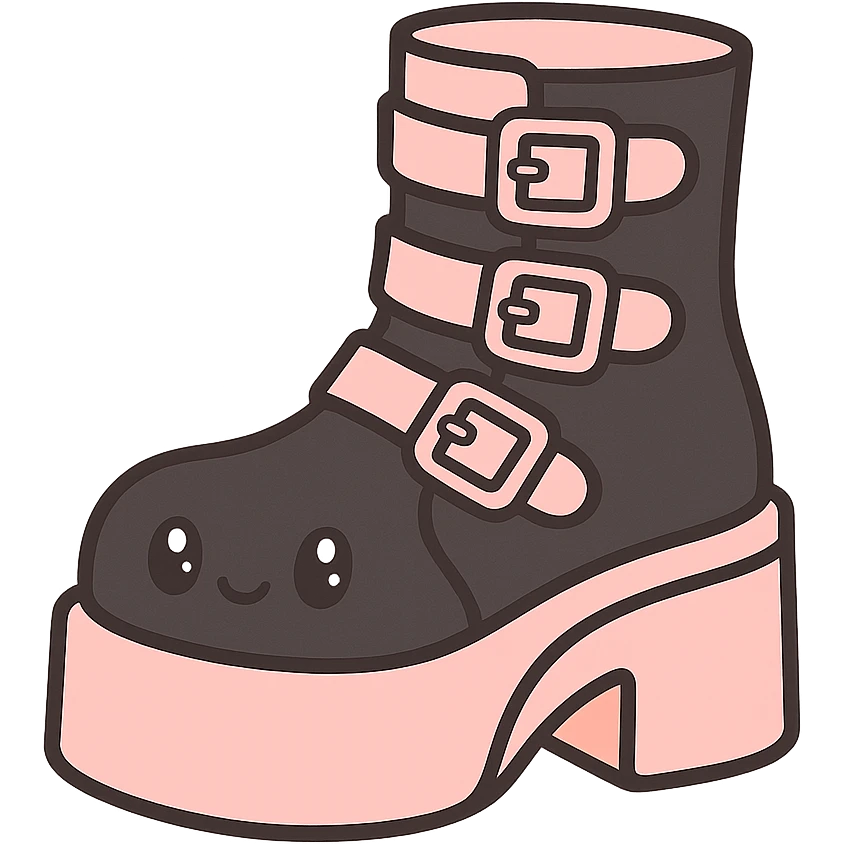 BLACKPINK-inspired gothic shoes, no hearts, black and pink, cute and stylish, kawaii style, pastel orange accents, platform boots with buckles emoji
