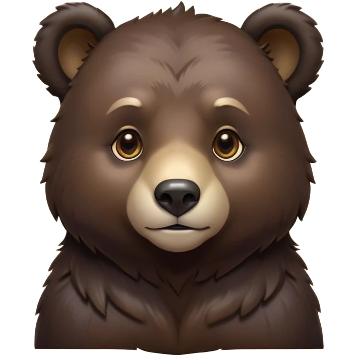 Cinematic Noble bear cub Portrait Emoji, Poised and regal, with a large, imposing build and a thick, well-groomed rich dark brown fur, deep-set soulful eyes, Simplified yet sharp and sophisticated features, highly detailed, glowing with a soft, dignified glow, high shine, intelligent and formidable, stylized with an air of wild majesty, focused and attentive, soft glowing outline, capturing the essence of a watchful and commanding guardian, so majestic it feels as though it could lumber out of the screen with effortless authority! emoji