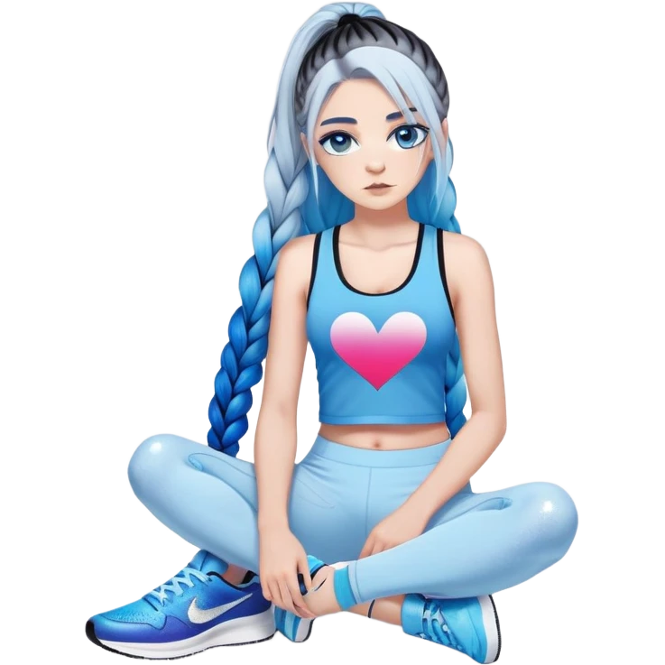 Broken hearted-Female-very very very large chest-texting on a samsung cell phone-very long straight braided black to sky blue hair ombre-blue eyes-black eyeliner-long eyelashes-iridescent low cut tank top with glitte logo-white leggings-nike high top sneakers emoji