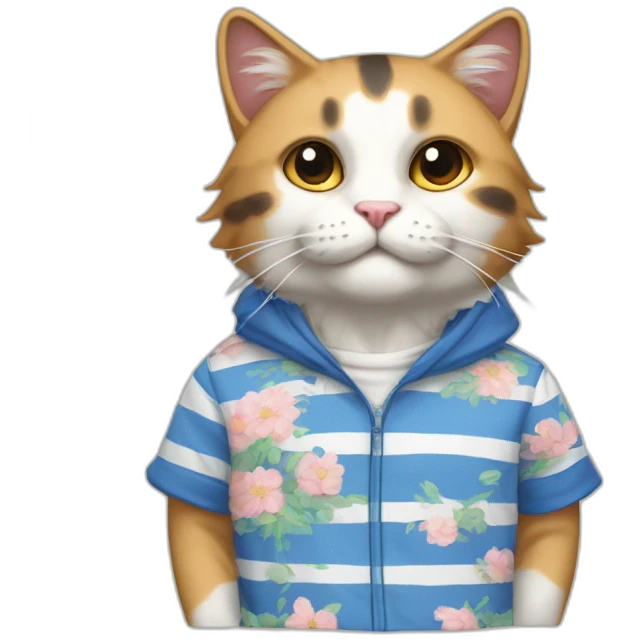 Purradise Meowscles is a buff calico anthropomorphic cat  he has a mullet, a floral designed t shirt that is unbuttoned and blue and white stripped shorts emoji