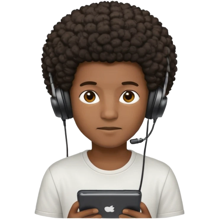 A dark-skinned boy with an afro, gamer , and ears, wearing a white shirt. emoji
