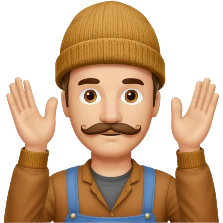 Woodworker mustache knit cap Carharttk shirt hand raised above head emoji