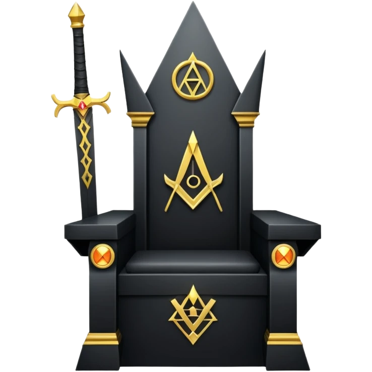 wide big iron black sword throne with gold accents and glowing Illuminati symbol emoji