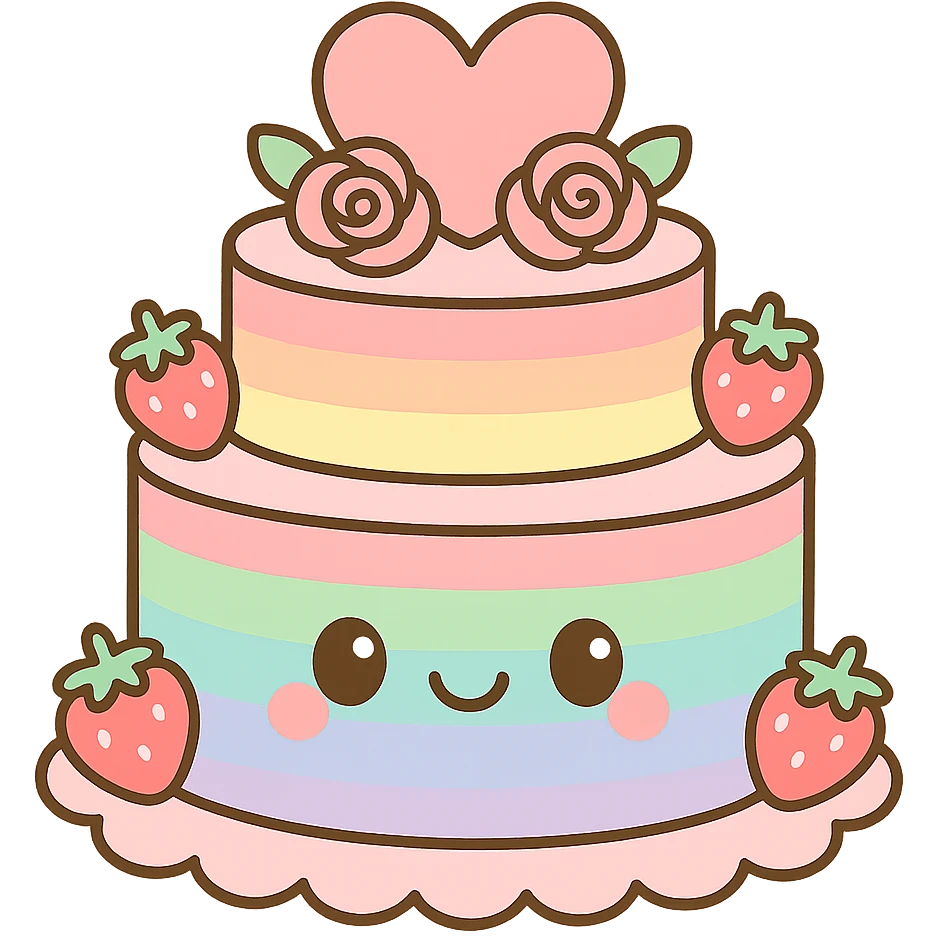 rainbow wedding cake with strawberries, pink roses, heart topper, kawaii style emoji
