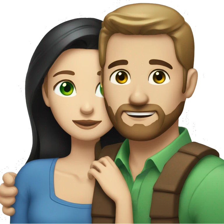 White man BROWN beard and blue eyes and BROWN hair hugging white woman with long straight black hair and green eyes emoji