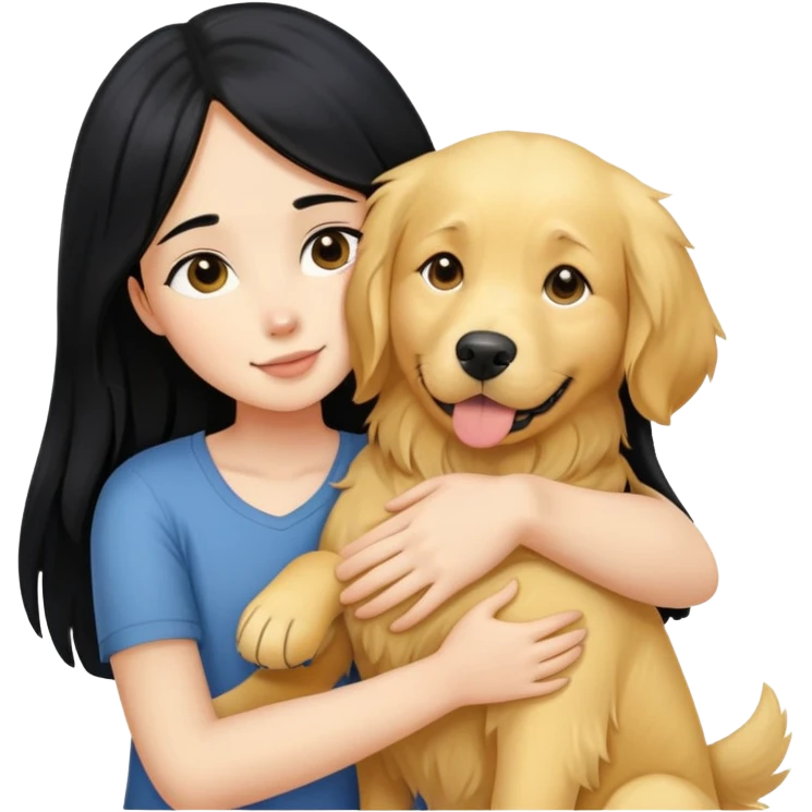 A girl with long black  hair tightly hugged a Golden Retriever emoji