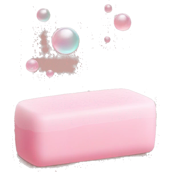 Light pink soap bar sitting on a soap holder, with soap bubbles  emoji