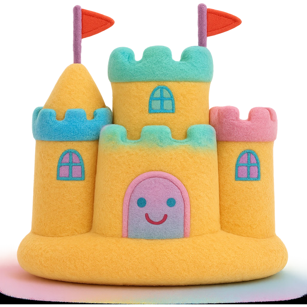 Make the plush jellycat sand castle toy more colorful with vibrant and pastel details, keep the soft plush look, no background, soft plush toy style emoji