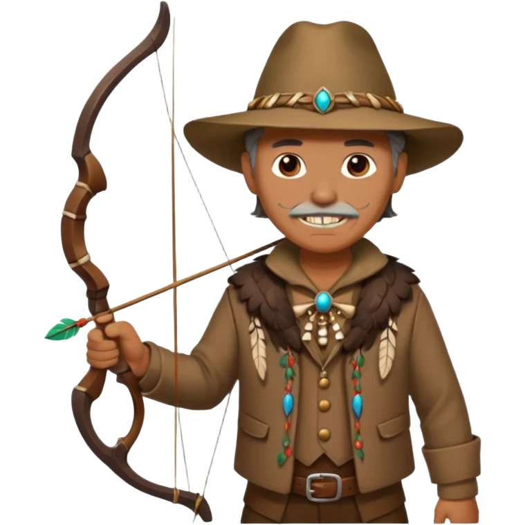 The classic image of a middle-aged uncle hunter carrying a bow, dressed in brown clothes, with some ornaments made of feathers, bones or teeth on his body. emoji