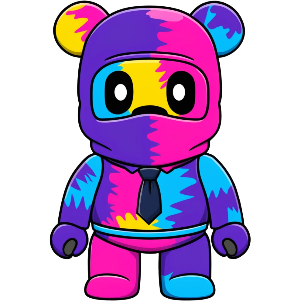 cute bearbrick collectible toy wearing a tie-dye colorful balaclava emoji