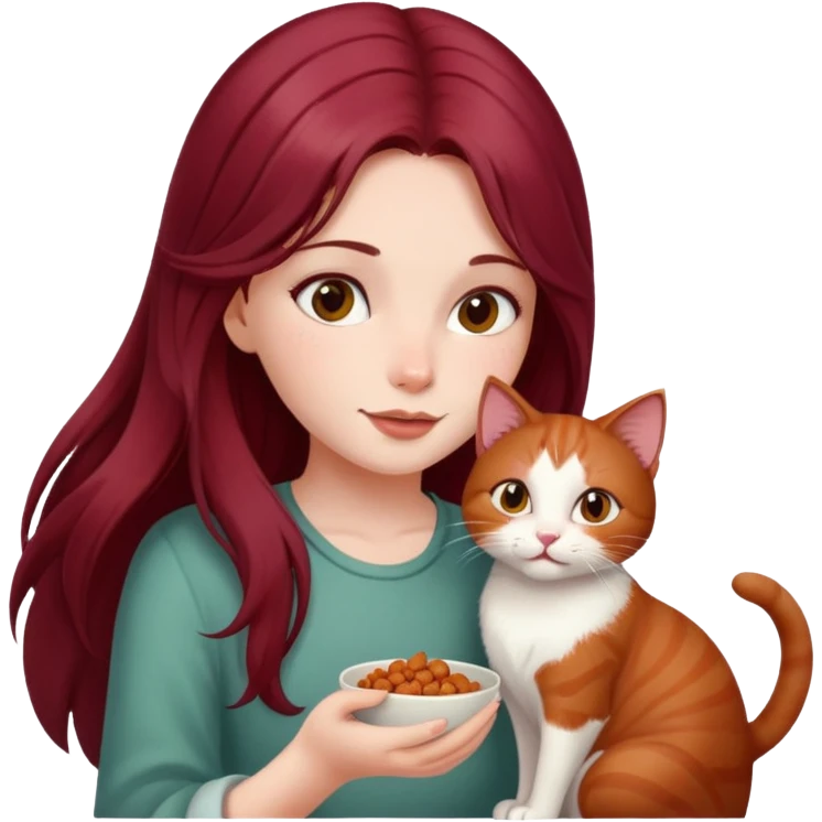 Beautiful, long, burgundy haired girl, feeding cat emoji