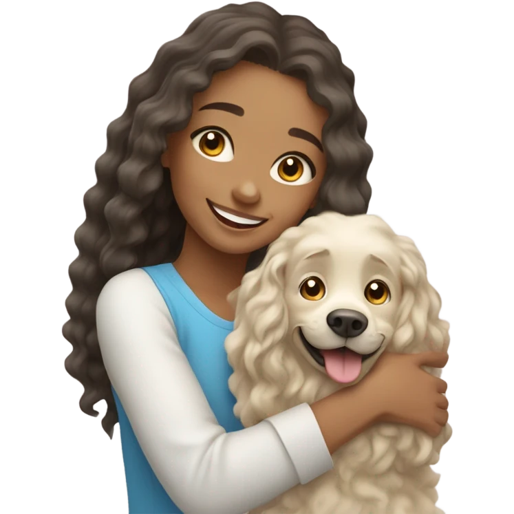Please create a girl who hugs her pet doggie. The girl has a cute face and so does the doggie. The girl has light skin, blue eyes and light wavy long hair. emoji