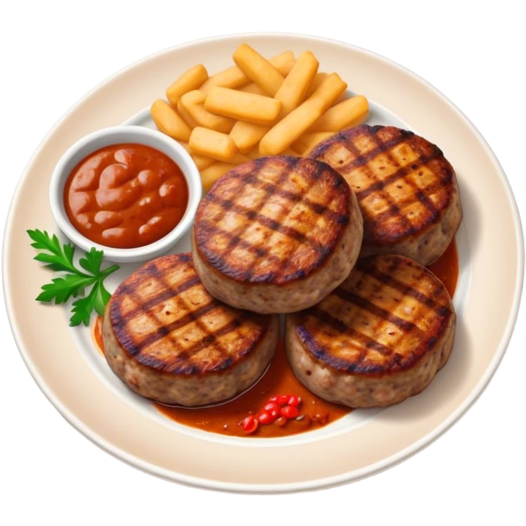 Cinematic Realistic image of Turkish Köfte, presented as perfectly formed, spiced meat patties with detailed textures and subtle grill marks, arranged artfully on a simple plate and illuminated by warm, appetizing lighting that accentuates their savory appeal. emoji