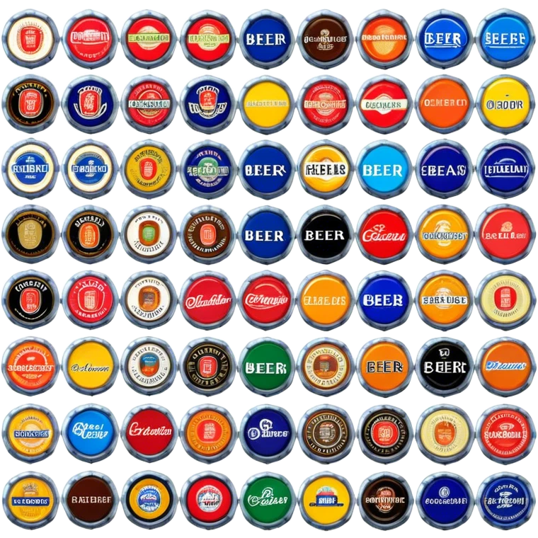 Icon for Beer Cap Collecting: a collection of colorful beer caps from different brands, arranged neatly on a table or in a display case. The icon should reflect the variety and charm of beer cap collecting. Transparent background. emoji