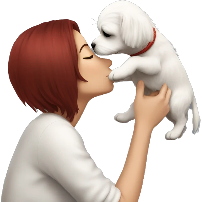 Dark-red-haired girl kiss her Maltese-Black-dog emoji