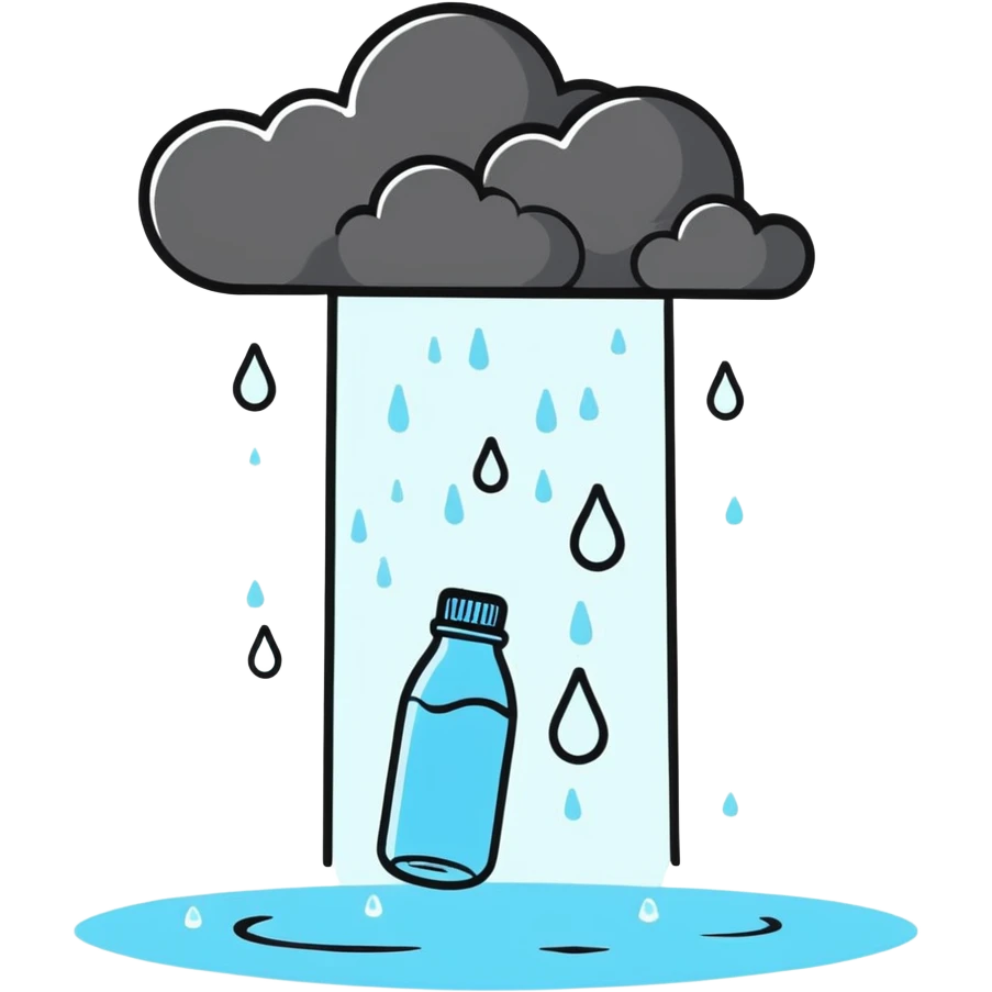 A black cloud and white small water bottles are falling out of it like raindrops emoji