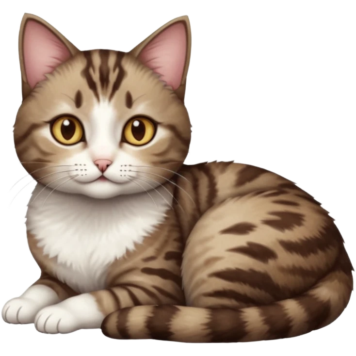 full body tiny short hair dark brown and white cat with hazel eyes lying down emoji