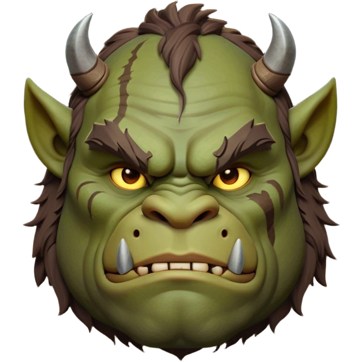Cinematic Noble Ogre Portrait Emoji, Majestic and imposing, with a rugged, muscular form in deep earthy greens and browns, adorned with battle scars and subtle tribal markings, exuding calm, noble strength and unexpected wisdom, simplified yet strikingly detailed, glowing with a shadowy outline that captures the essence of a gentle giant with fierce heart! emoji