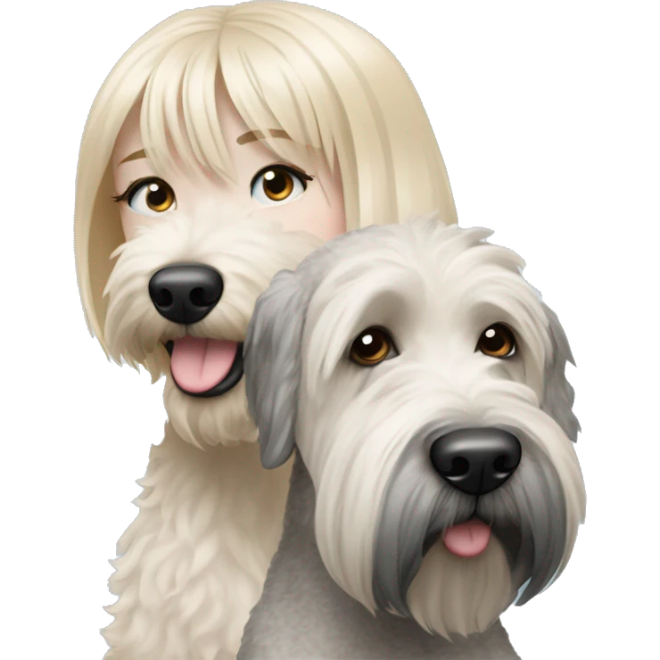 pretty woman blonde hair blue eyes hugging a white and gray soft coated wheaten terrier dog with bangs over one dog eye emoji