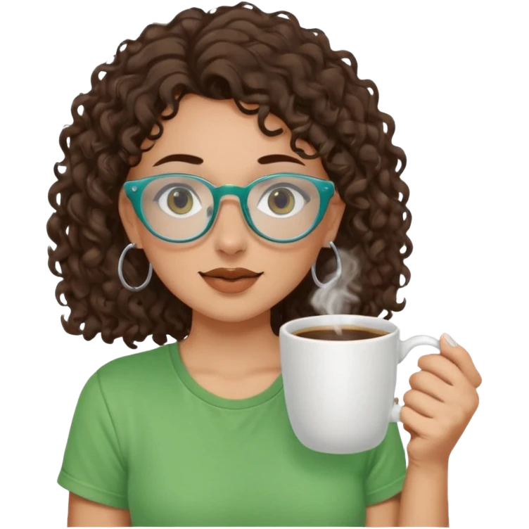 White girl with dark brown curly hair, brown eyes, sky blue glasses, nose piercing septum, green t shirt, drinking coffee from a cup emoji