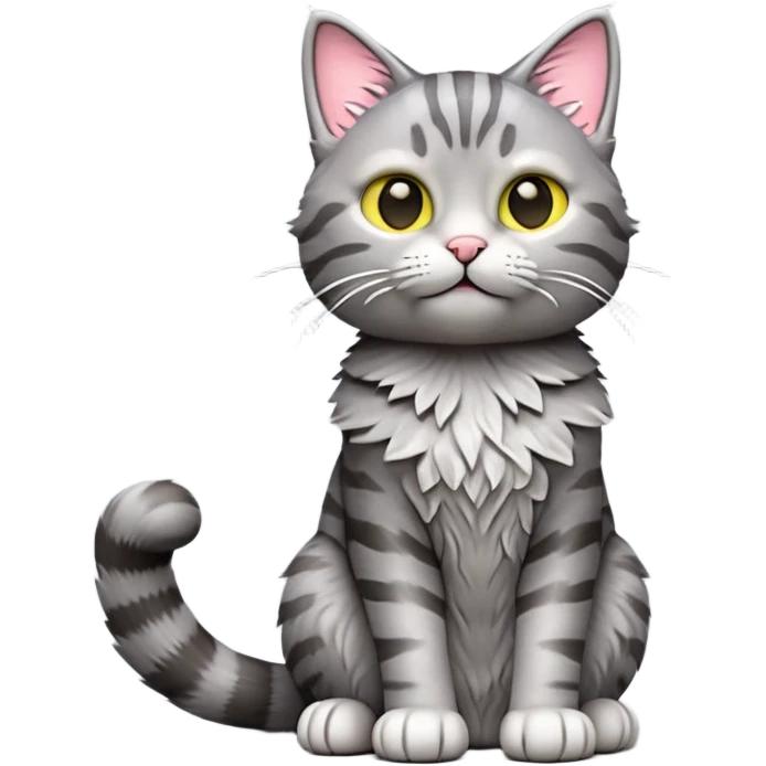 cinematic-[grey tabby cat]-realistic-full-body-sitting-emoji,-tail-curled-playfully-around-its-paws,-head-tilted-dramatically,-scruffy-[grey]-fur,-simplified-yet-realistic-focused-features,-highly-detailed,-glowing-with-an-almost-sarcastic-glow emoji