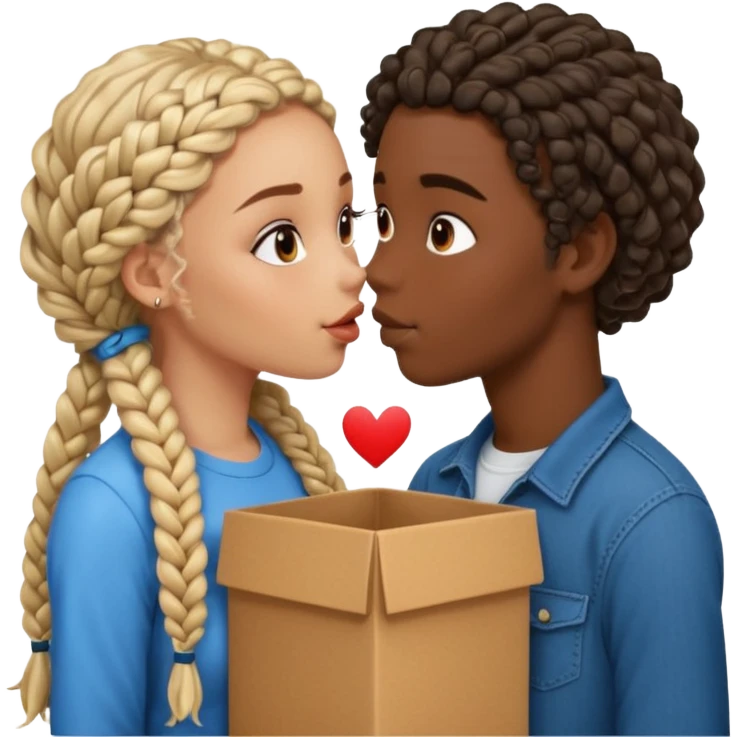 darkskin girl with box braids kissing light skin boy with curly hair emoji