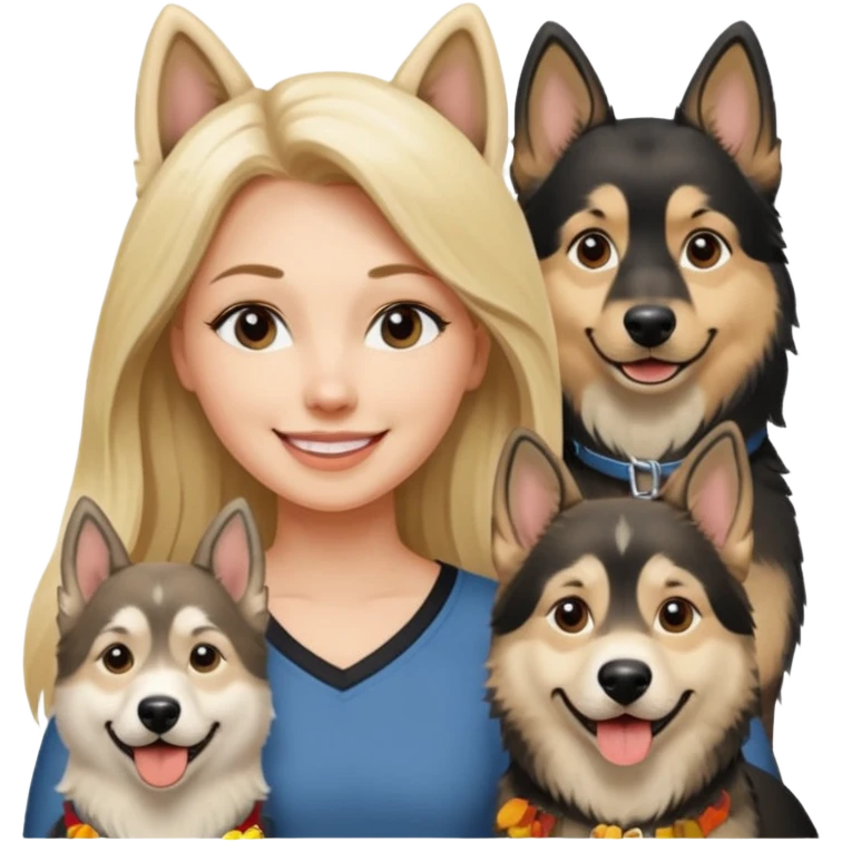 a lady, blonde long hair with 2 german shepards and one black and white alaskan malanute emoji