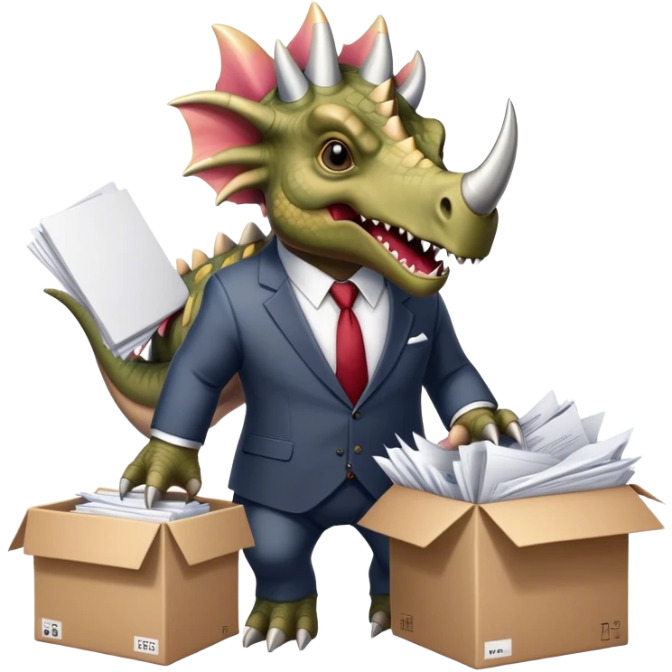 angry office triceratops in a suit holding a huge boxe bursting with a lot of documents and papers emoji