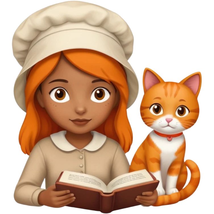 Brown girl wearing a bonnet reading a book with her orange cat laying next to her emoji